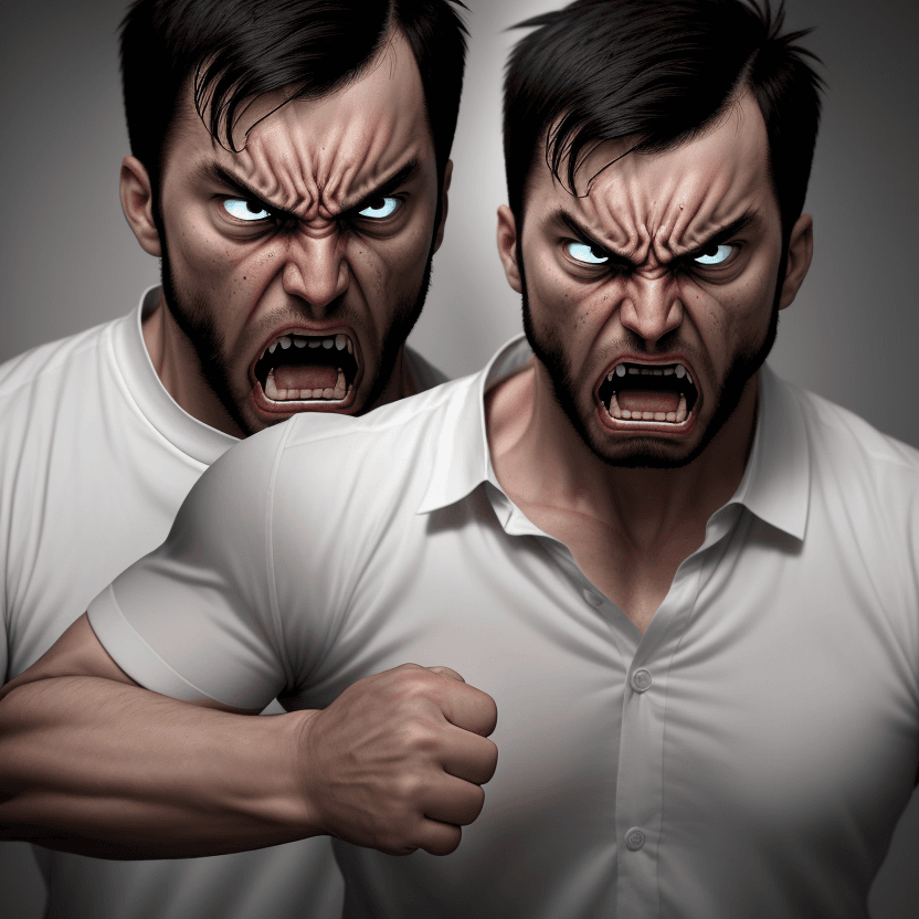 AI generated: The first image shows a visibly frustrated man, with an angry and aggressive expression. His face is...