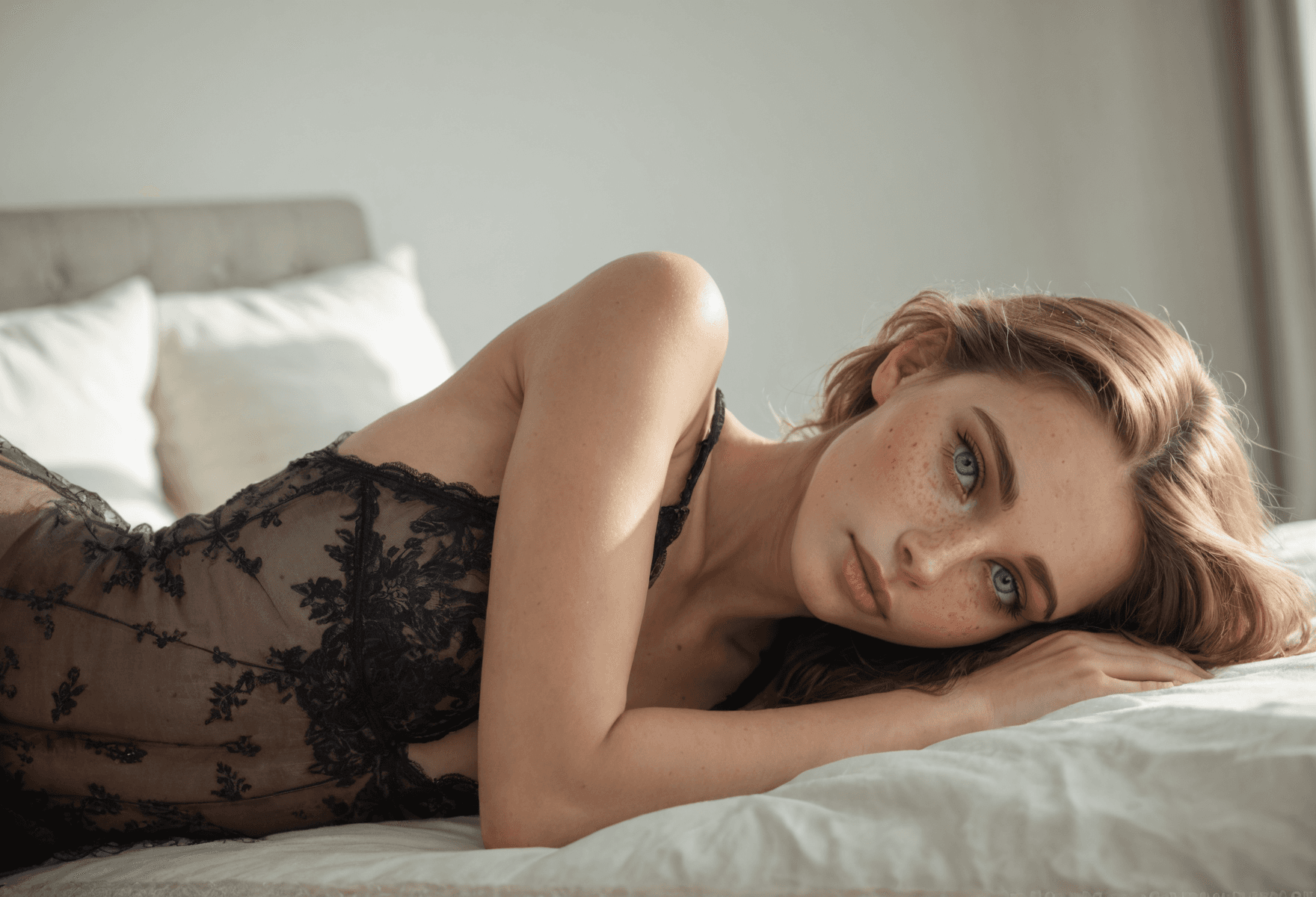 AI generated: full body photo of young beautiful skinny teen lying, wearing black stockings, black transparent dre...