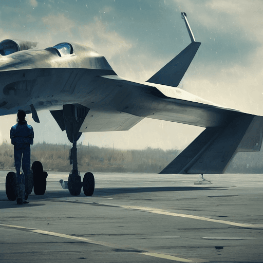 AI generated: Ukrainian fighter pilot stands beside futuristic sci fi fighter jet grounded at runway of cyberpunk ...