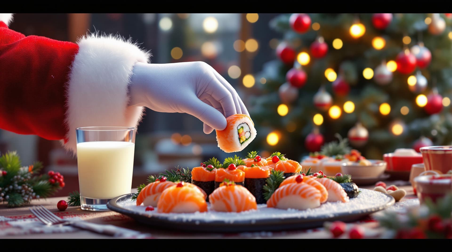 AI generated: A festive scene showing Santa Claus's hand, recognizable by the red sleeve and white fur trim, reach...
