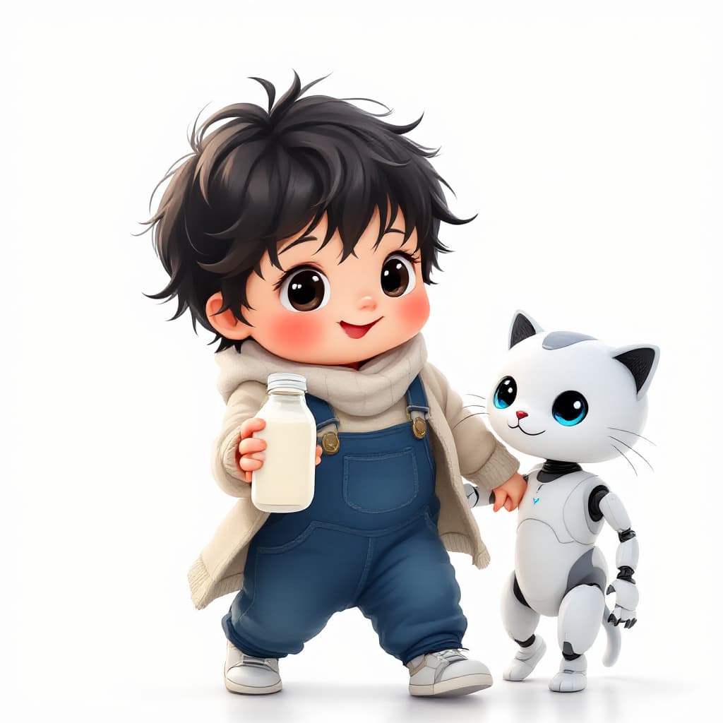 AI generated: cute baby with black eyes and black hair, who is walking with a robot cat while holding a milk bottl...