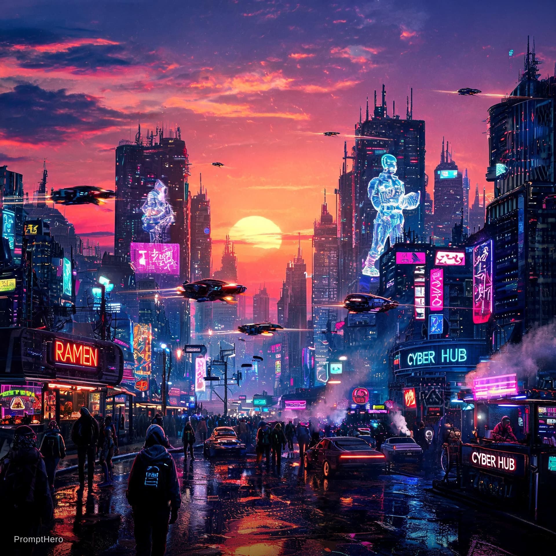 AI generated: A cyberpunk city at sunset