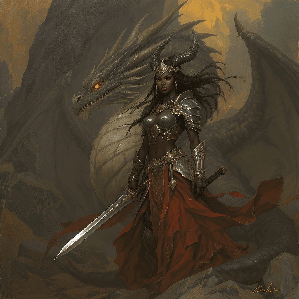 AI generated: A fantasy painting of an attractive female black african dressed in an Arab warrior style, battle ar...