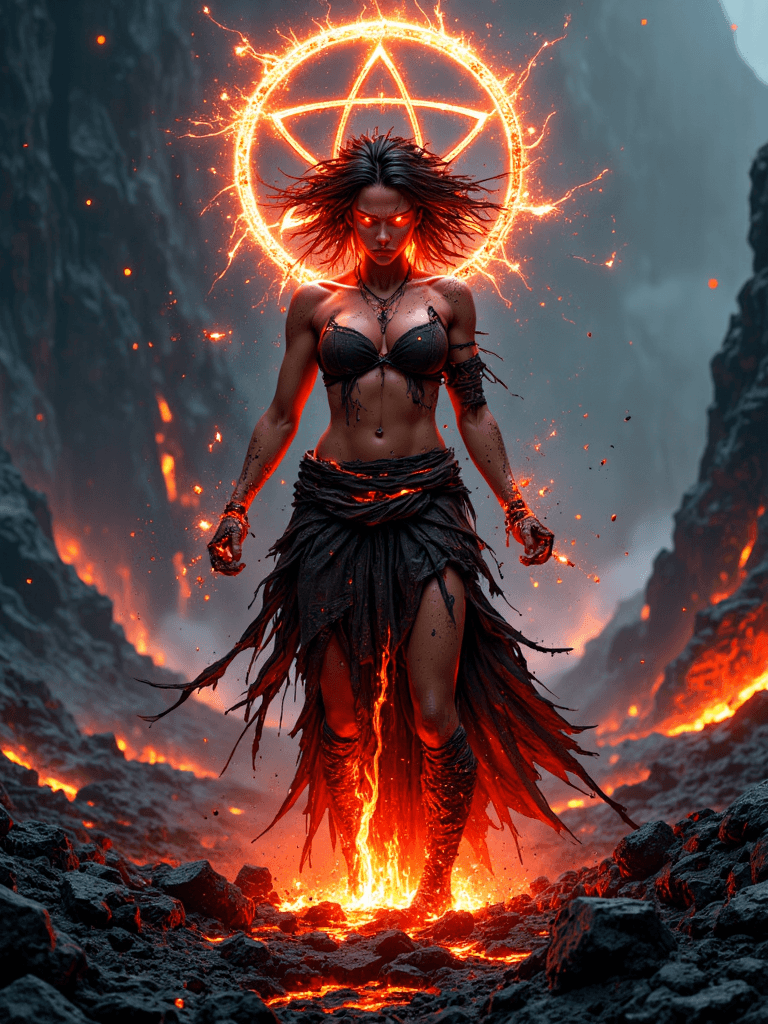 AI generated: In a barren, volcanic landscape, a fierce woman stands amidst jagged black rocks, her presence both ...