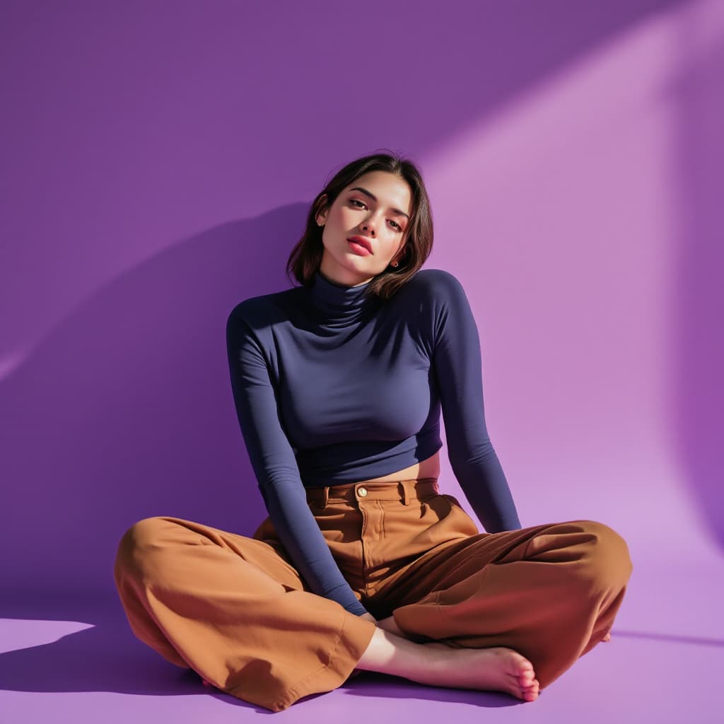 AI generated: wide and low angle, cinematic, fashion photography for the brand Uniqlo. Woman sitting on floor wear...