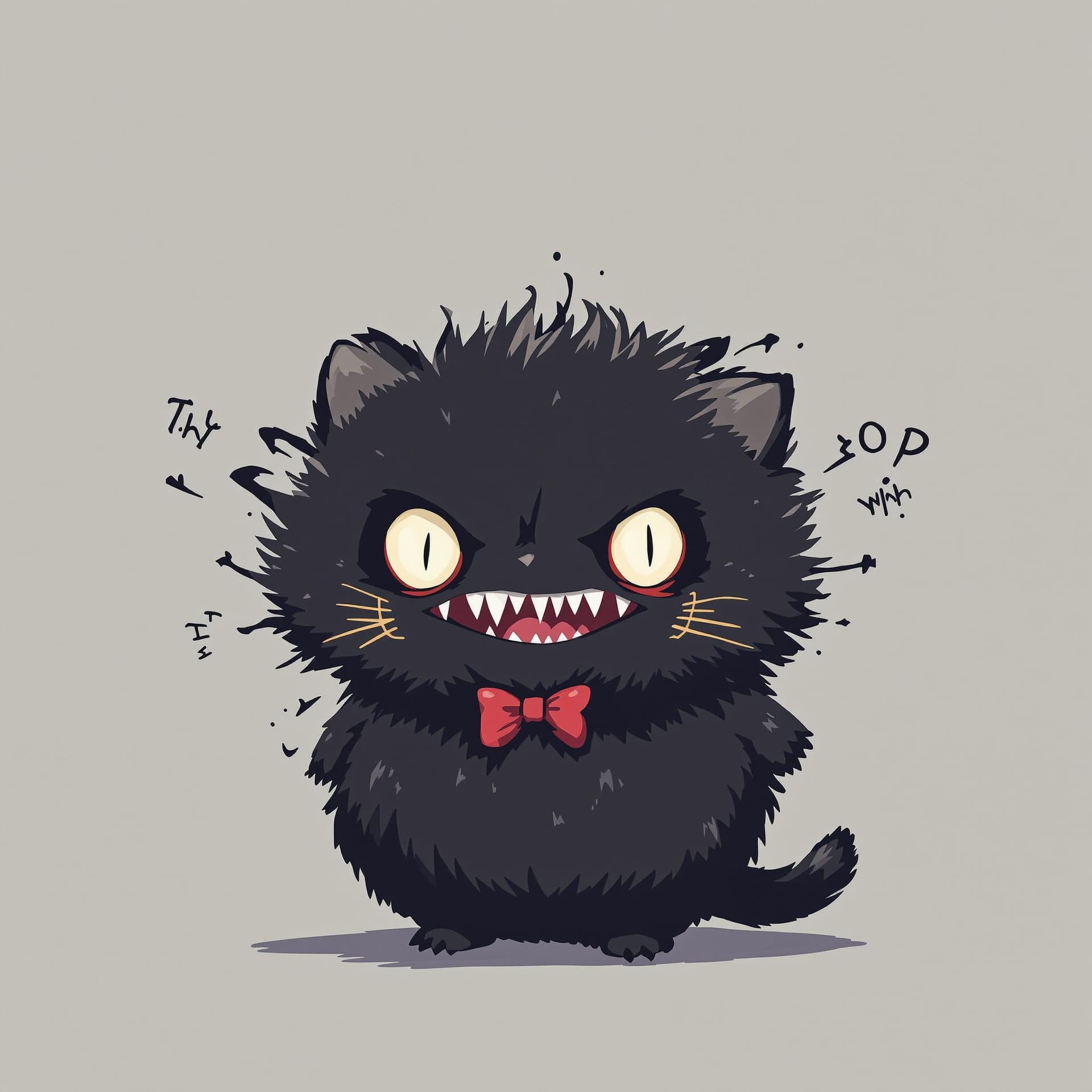 AI generated: Cute but cursed chibi monster concept, round black fluffy cat-like creature, tiny red bowtie, innoce...