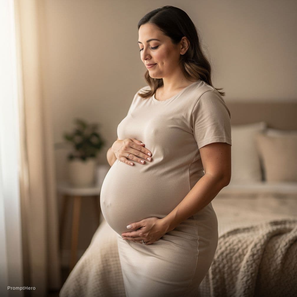 AI generated: girl is heavily 40 weeks pregnant, her belly is in full view.