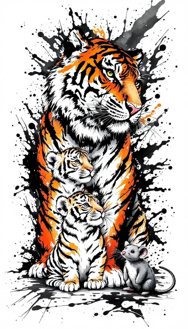 AI generated: a tiger and two tiger cubs, and a oversized mouse,ferocious, detailed,full-body shots,ink style,Ink ...