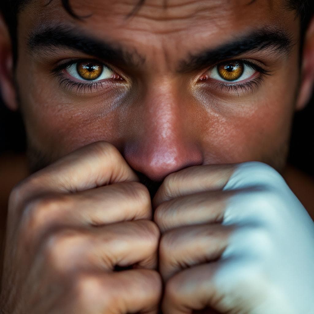 AI generated: photograph, ring, male model boxer, brown eyes with detail, using camera setting simulating wide ape...