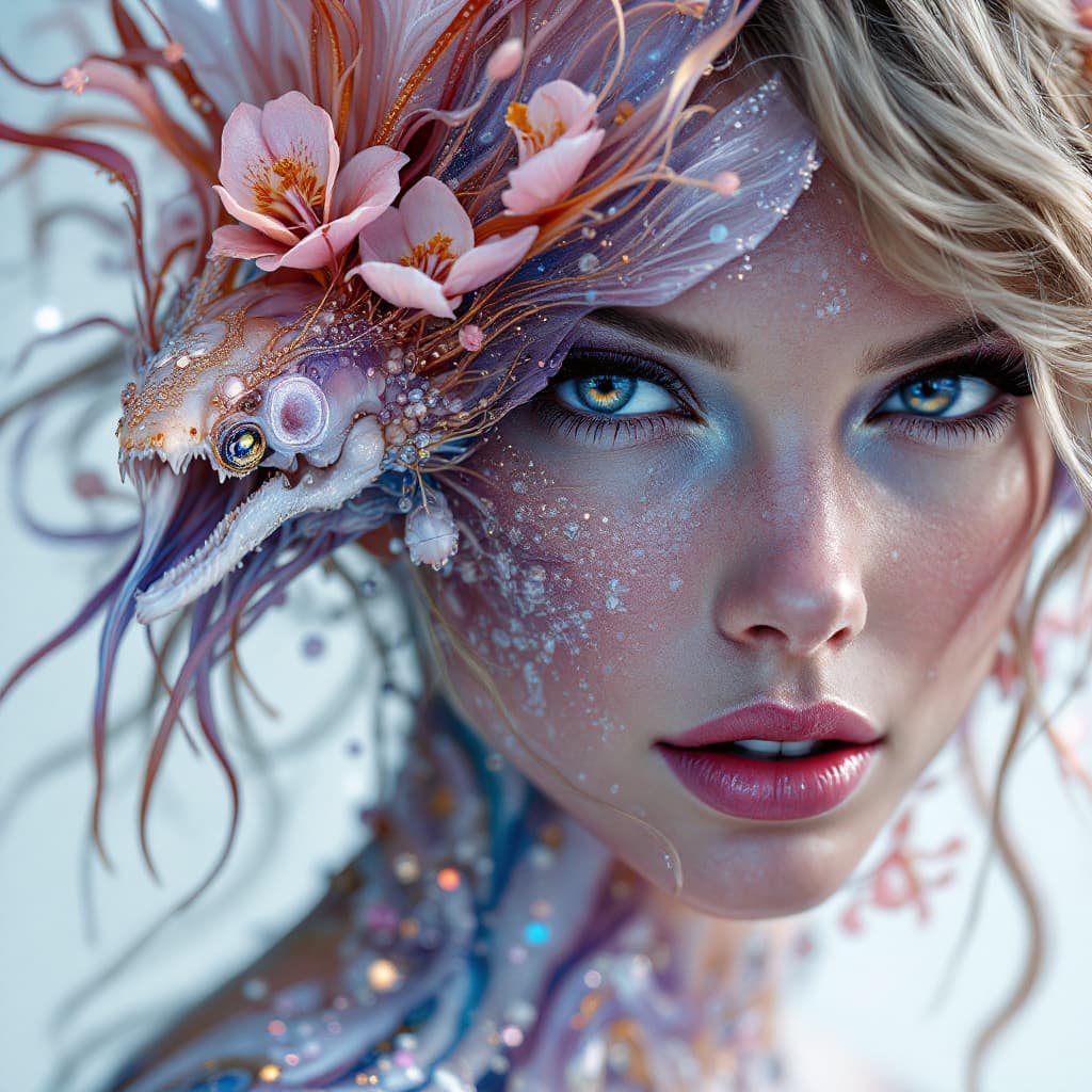 AI generated: The archer, Taylor Swift close-up portrait ribcagel. jellyfish phoenix head, nautilus, orchid, skull...