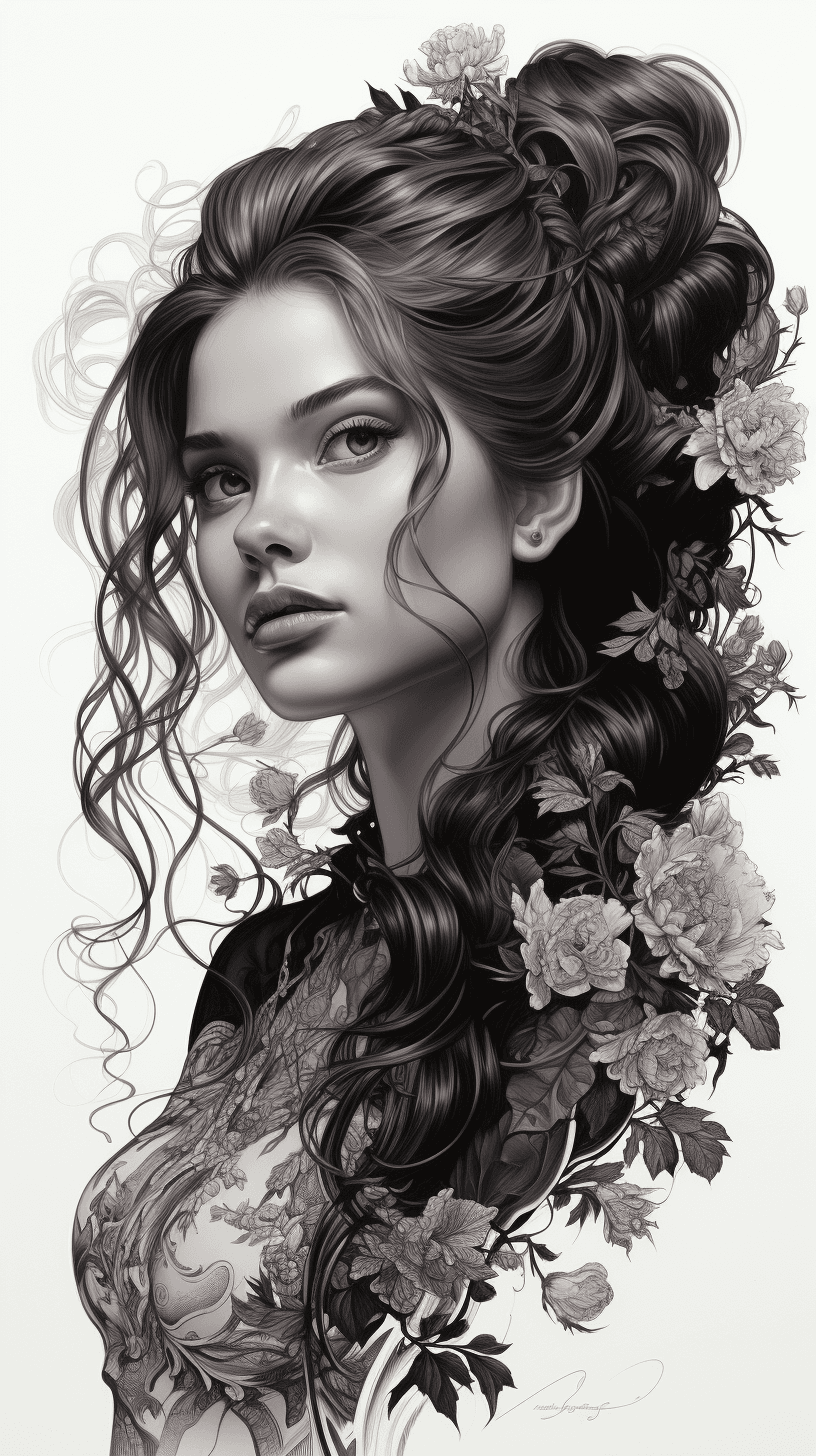 AI generated: black and white portrait of a woman having long hair and a tattoo on her arm, in the style of oliver...