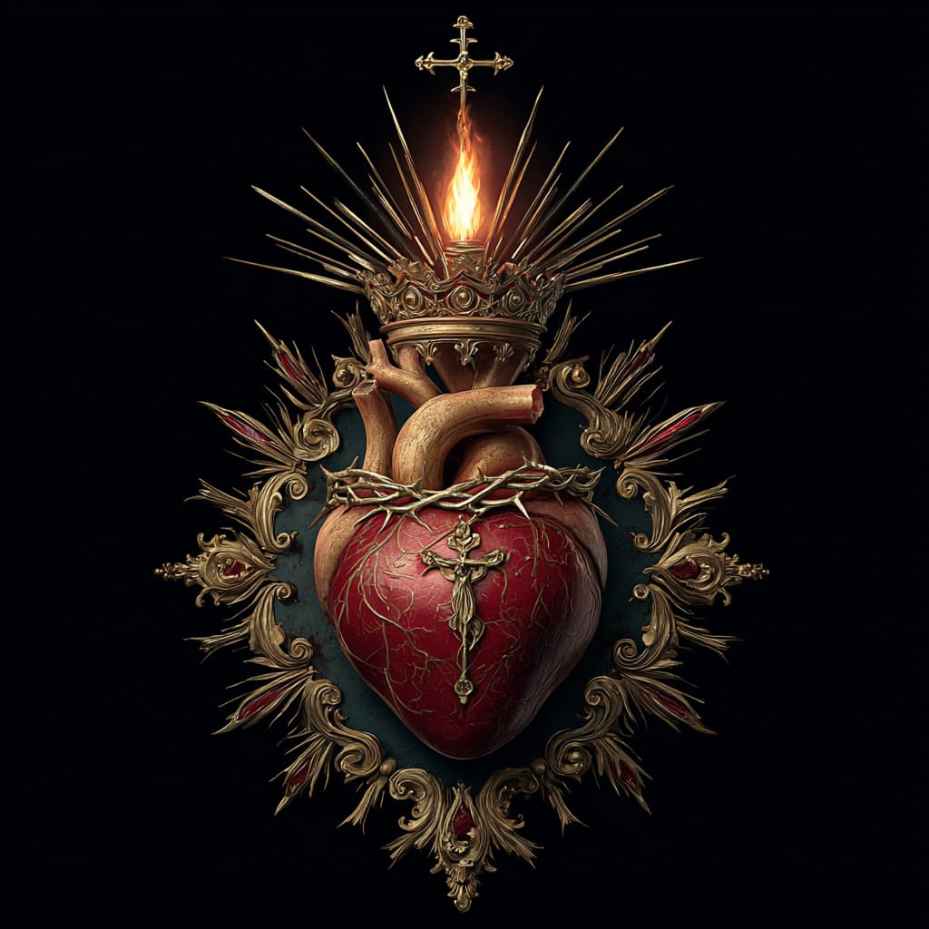 AI generated: Jesus heart, divine rays, flame with cross on top of heart, thorn crown around