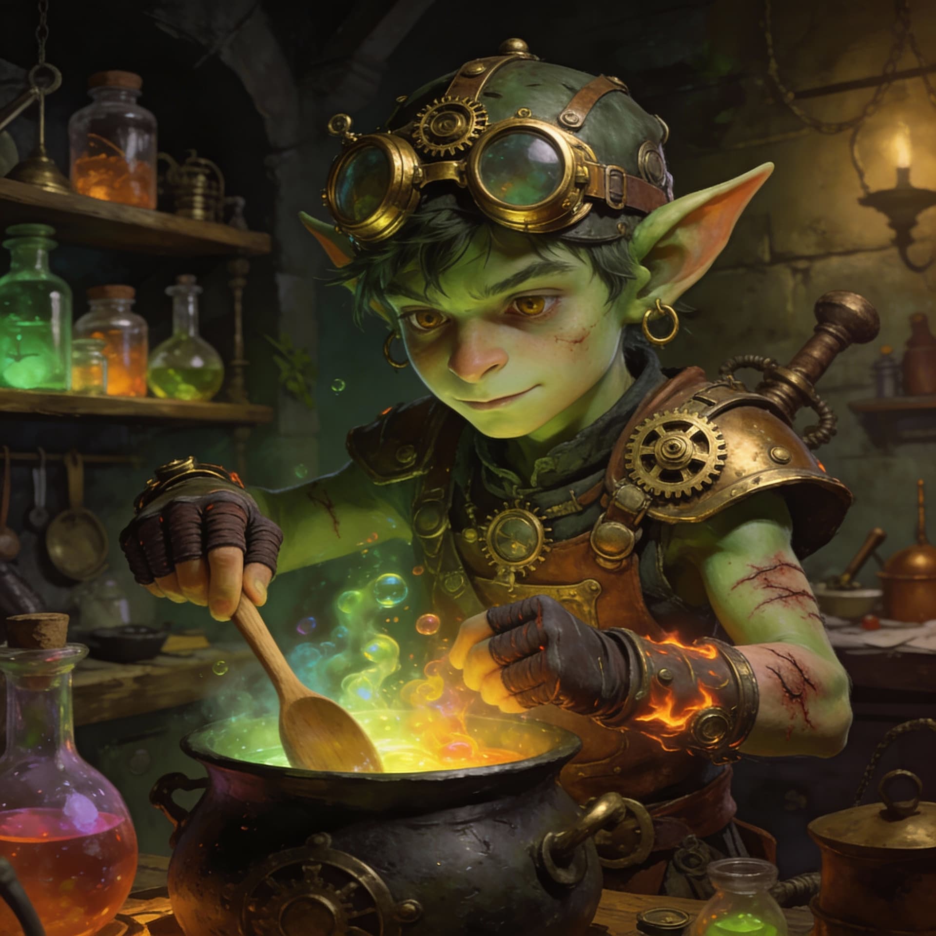 AI generated: young green skinned goblin alchemist creating poitions in a medieval laboratory, wearing steampunk a...