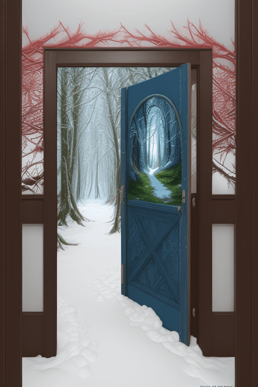 AI generated: mdjrny-v4 style, open doorframe in the middle of snowy woods, a magical colorful summer forest insid...