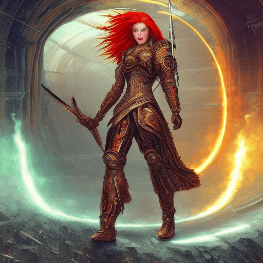 AI generated: An illustration of a fearless warrior with fiery red hair, in the style of Kaleidoscopic, Alex Schom...