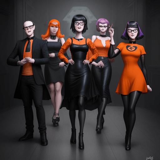 AI generated: goth girl astestic, velma from scooby-doo, a woman wearing eye glasses and an orange top, goth style...