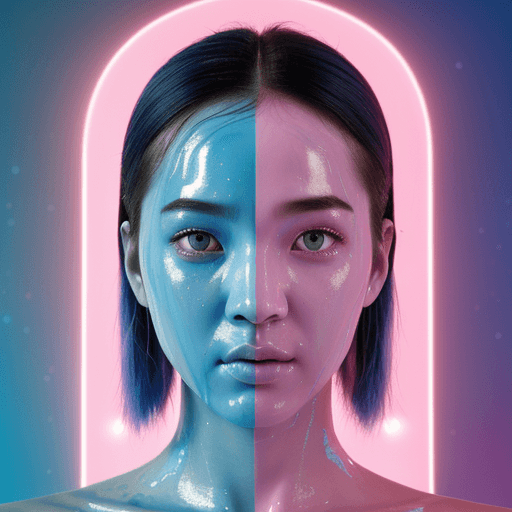 AI generated: three quarter portrait of the blue body with pink face is covered in fluids, in the style of futuris...