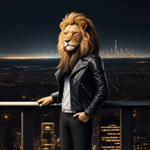 AI generated: A stylish lion in a leather jacket, standing atop the city skyline with the urban lights shining bri...