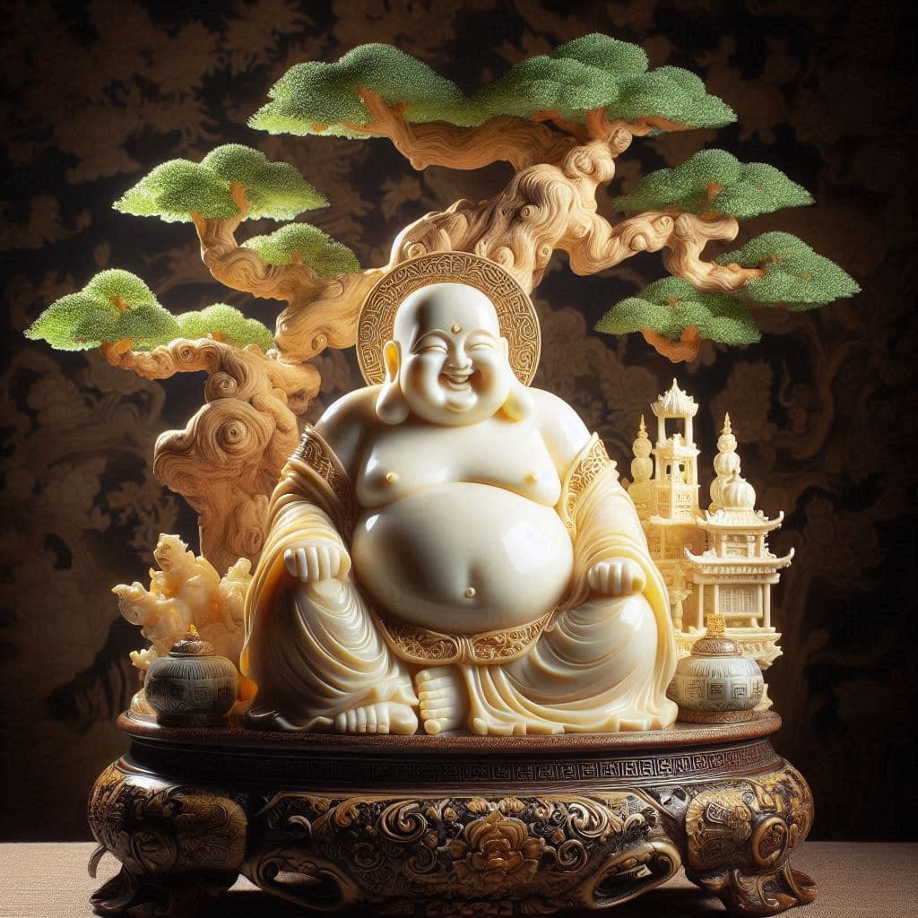 AI generated: a fat smiling buddha as a ivory figurine, sitting under a Vintage Chinese Glass Bonsai Tree, intrica...