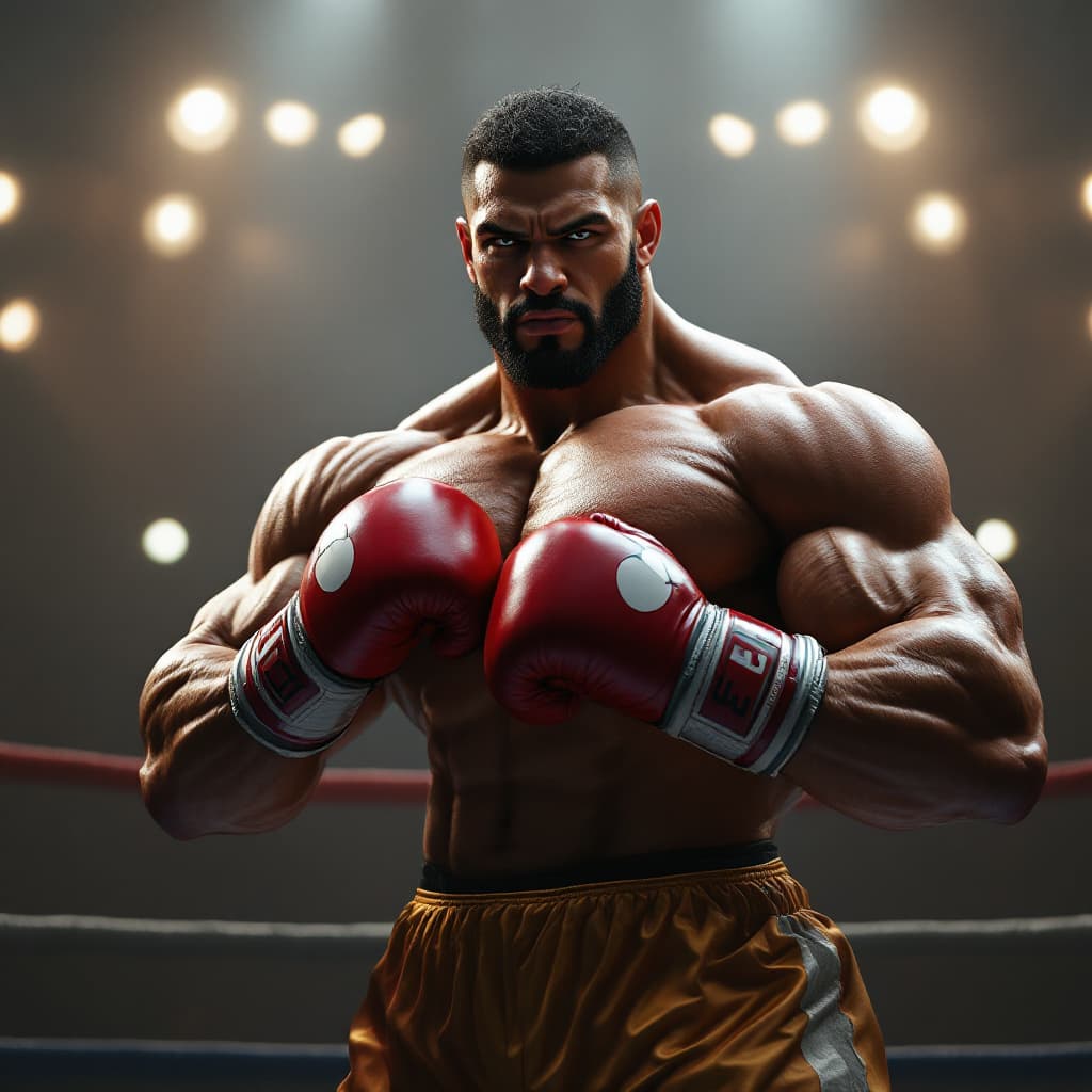 AI generated:  powerful boxer stands in the ring and flexes his biceps, hyper realism, high detail, octane render,...