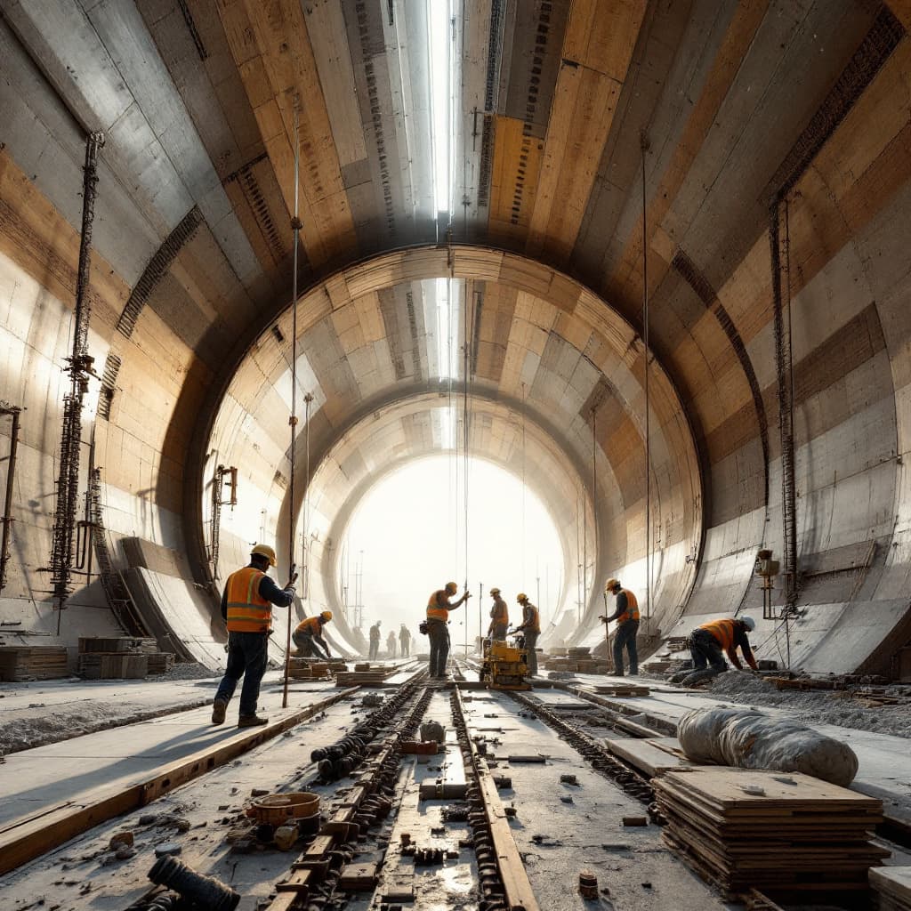 AI generated:  Construction workers drilling, panelling making semi circle metro tunnel High resolution photograph...