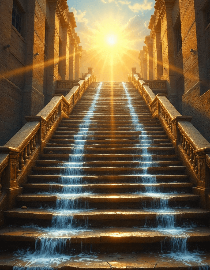AI generated: A traditional oil or digital painting on canvas depicting a majestic ancient stone staircase with wa...