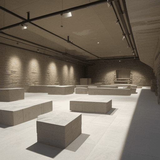 AI generated: rustic, subterranean museum, curvaceous, organic architecture interior raw limestone quarry blocks, ...