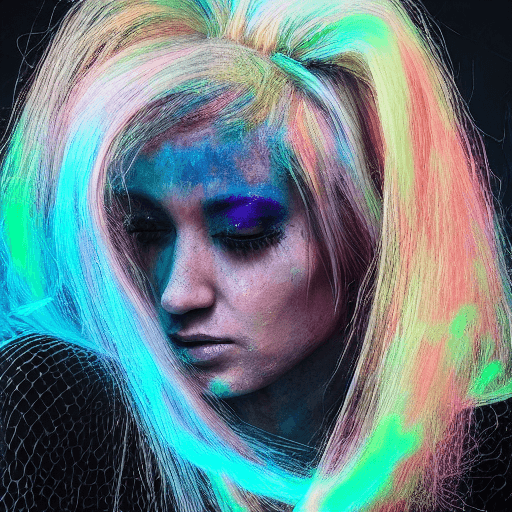 AI generated: https://s.mj.run/VnhTCG9d4Mc a black background with a woman with opalescent hair, in the style of t...