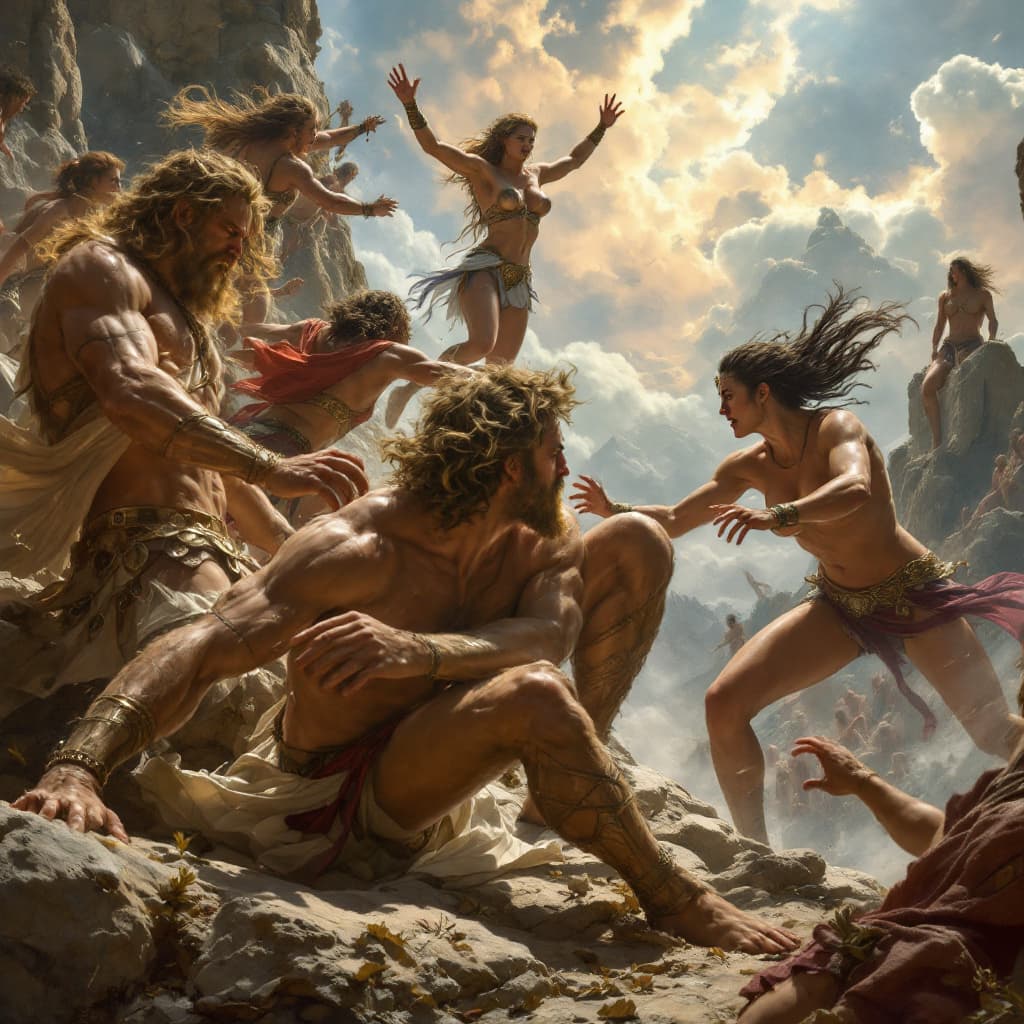 AI generated: hyper realistic image of beautiful amazon women worriers battling with the gods on mount olympus, zu...