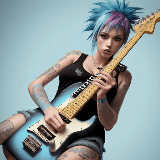 AI generated: High resolution, detailed, woman, streetwear, light blue skin hue, punk, playing an electric guitar,...