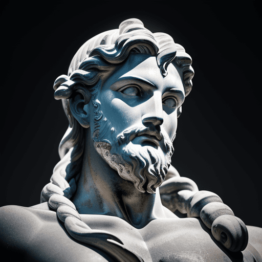 AI generated: greek statue of Poseidon, in meditation pose, reimagined by industrial light and magic,black, silver...
