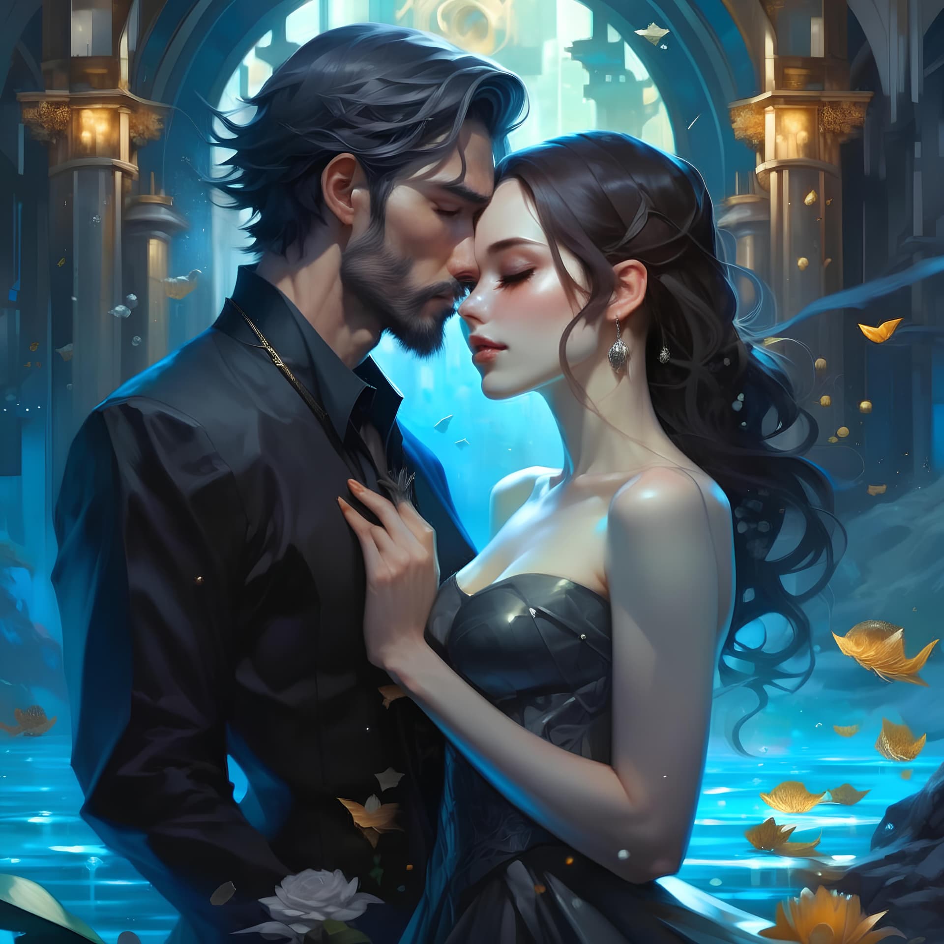 AI generated: a man and a woman standing next to each other under water, a picture, by Yang J, neo-romanticism, an...