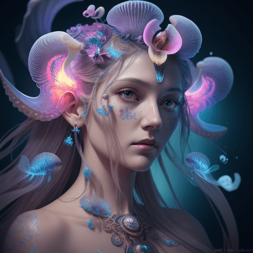 AI generated: Beautiful Black Goddess close-up portrait ribcagel. jellyfish phoenix head, nautilus, orchid, skull,...