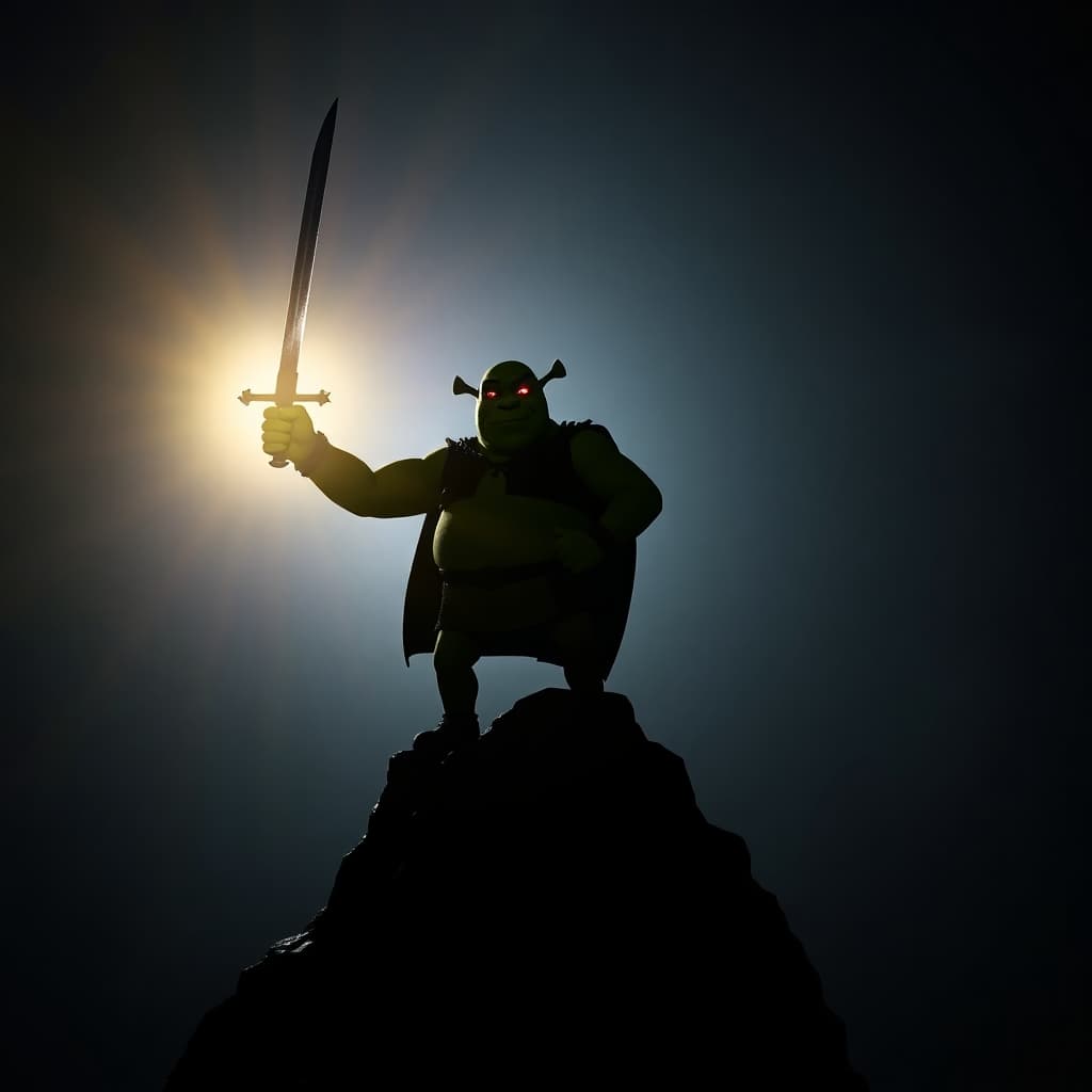 AI generated: Realistic scene, a menacing Shrek figure silhouetted in dramatic cinematic lighting. He's an anti-he...