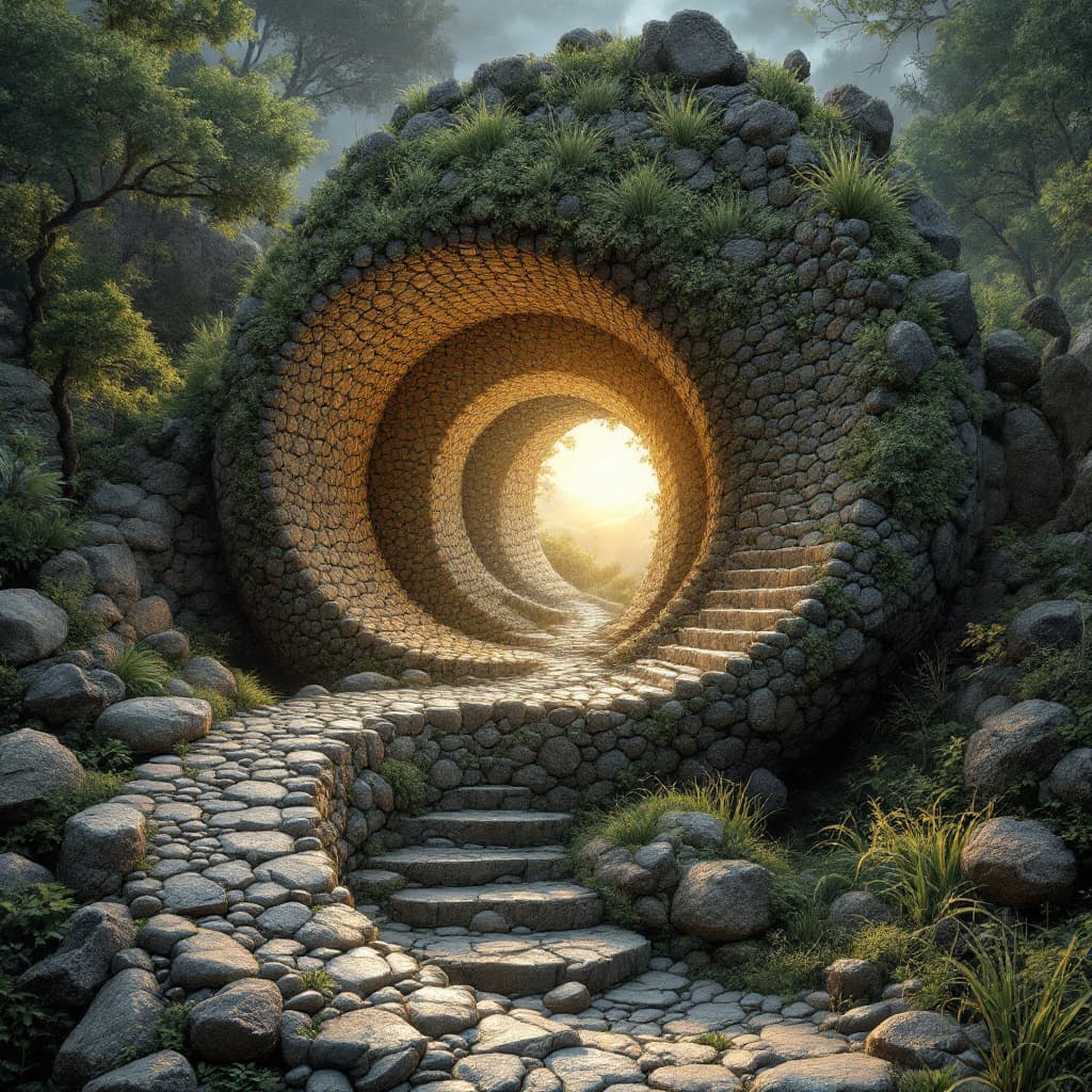 AI generated: visão épica, imagem no estilo deepdream representando um caminho de pedra disposto na espiral de Fer...