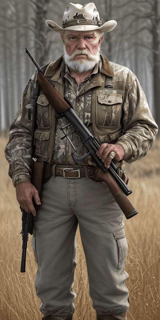 AI generated: Really hunters with rifle in the hand, aiming the rifle, old man with white barb, have a machet hold...