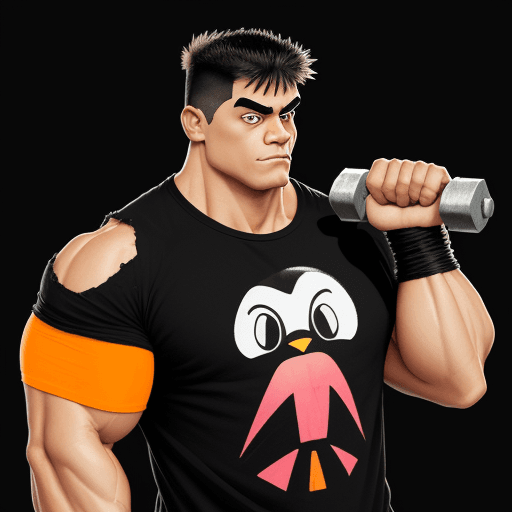 AI generated: 90s cartoon, jacked penguin with human trait, ripped black t-shirt,old orange fluo short, lifting we...