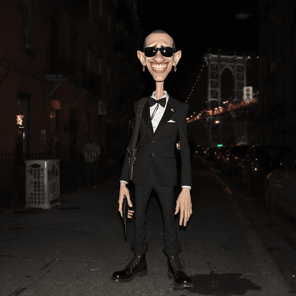 AI generated: funny caricature, zany gangsta henchman, bi-racial ethnicity, 35 years old, clumsy, loyal, dim-witte...