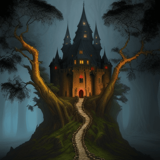 AI generated: fortress of ancient trees, dungeon, masterpiece, colourful, dark, fortress from trees looks like a c...