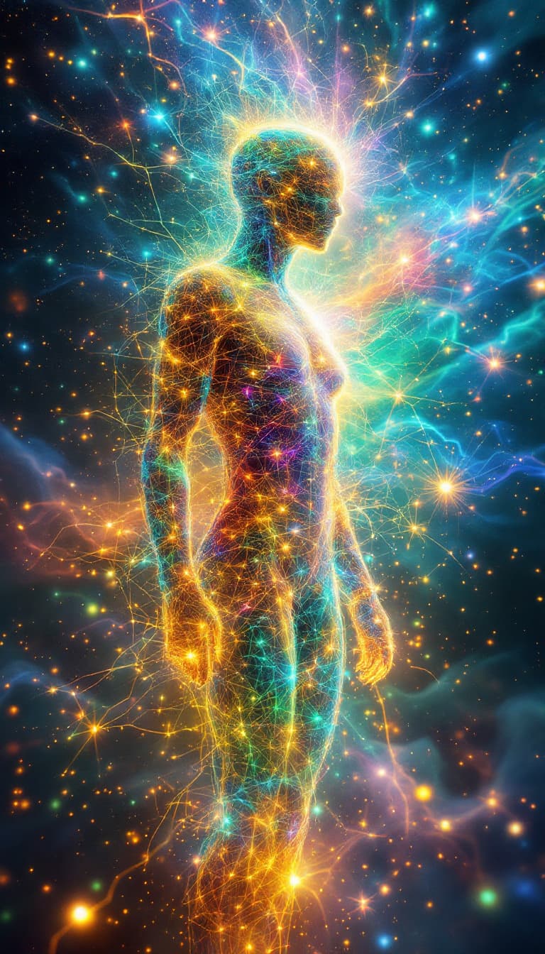 AI generated: A surreal representation of existence as pure energy, showing a humanoid figure made entirely of rad...