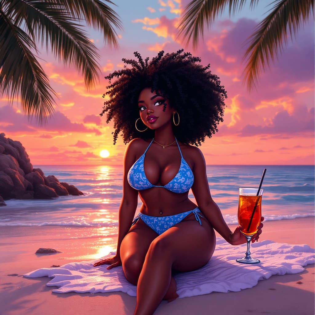AI generated: Generate an image of a chubby black girl enjoying a drink on a beach at sunset