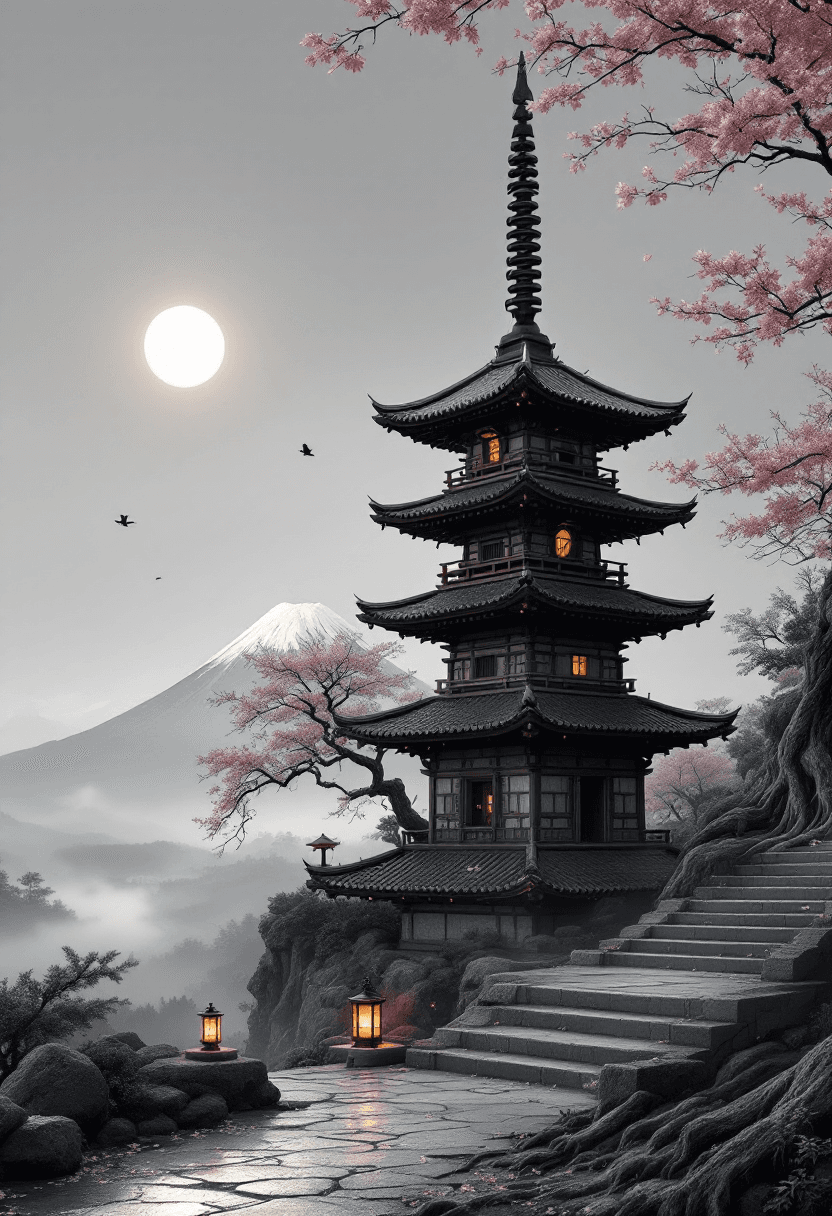 AI generated: A full traditional Japanese pagoda tower, off-center right, fully visible from base to spire, uncrop...