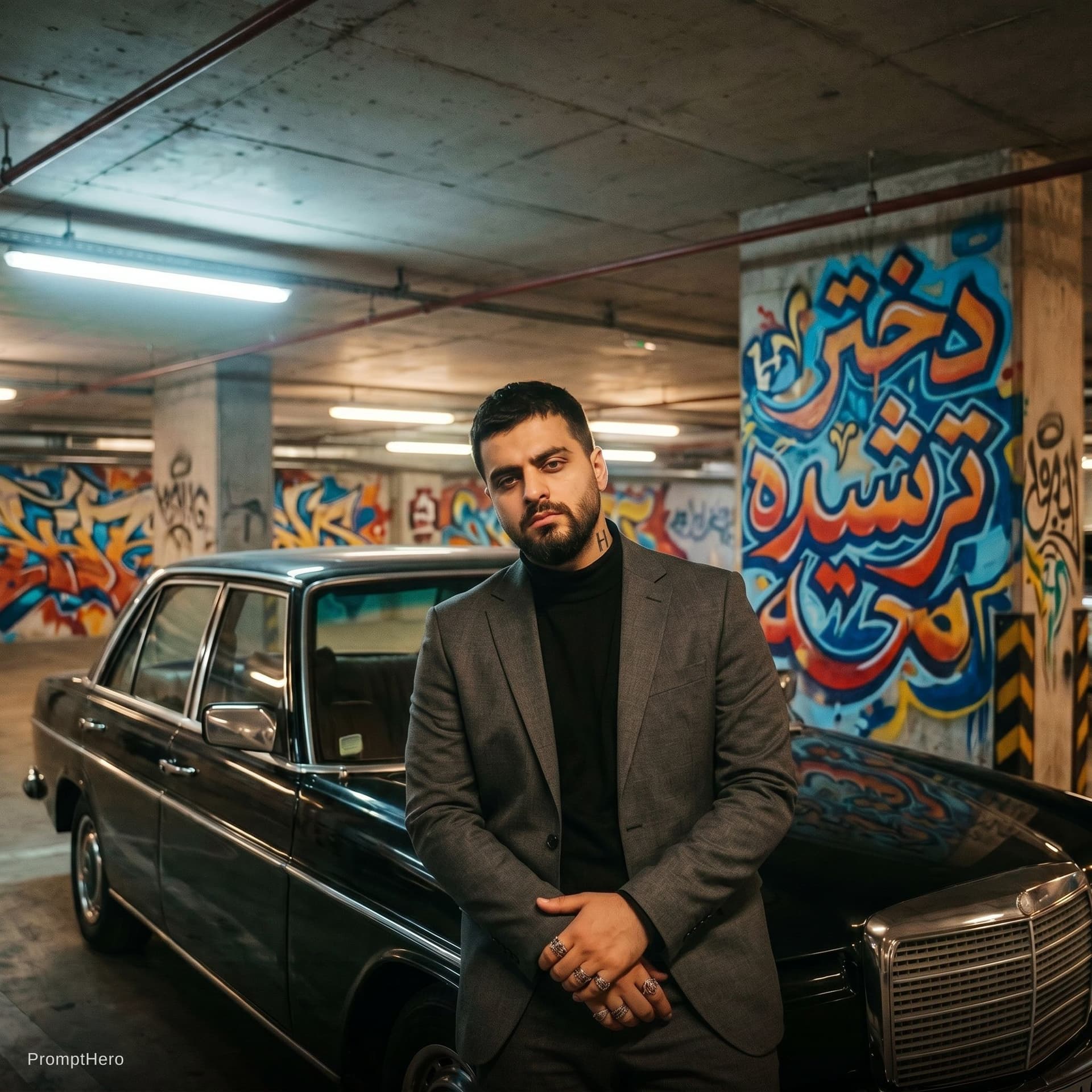 AI generated: *Rap album cover, "Sour Girl". A sharp-dressed male rapper leaning against a graffiti-covered wall i...