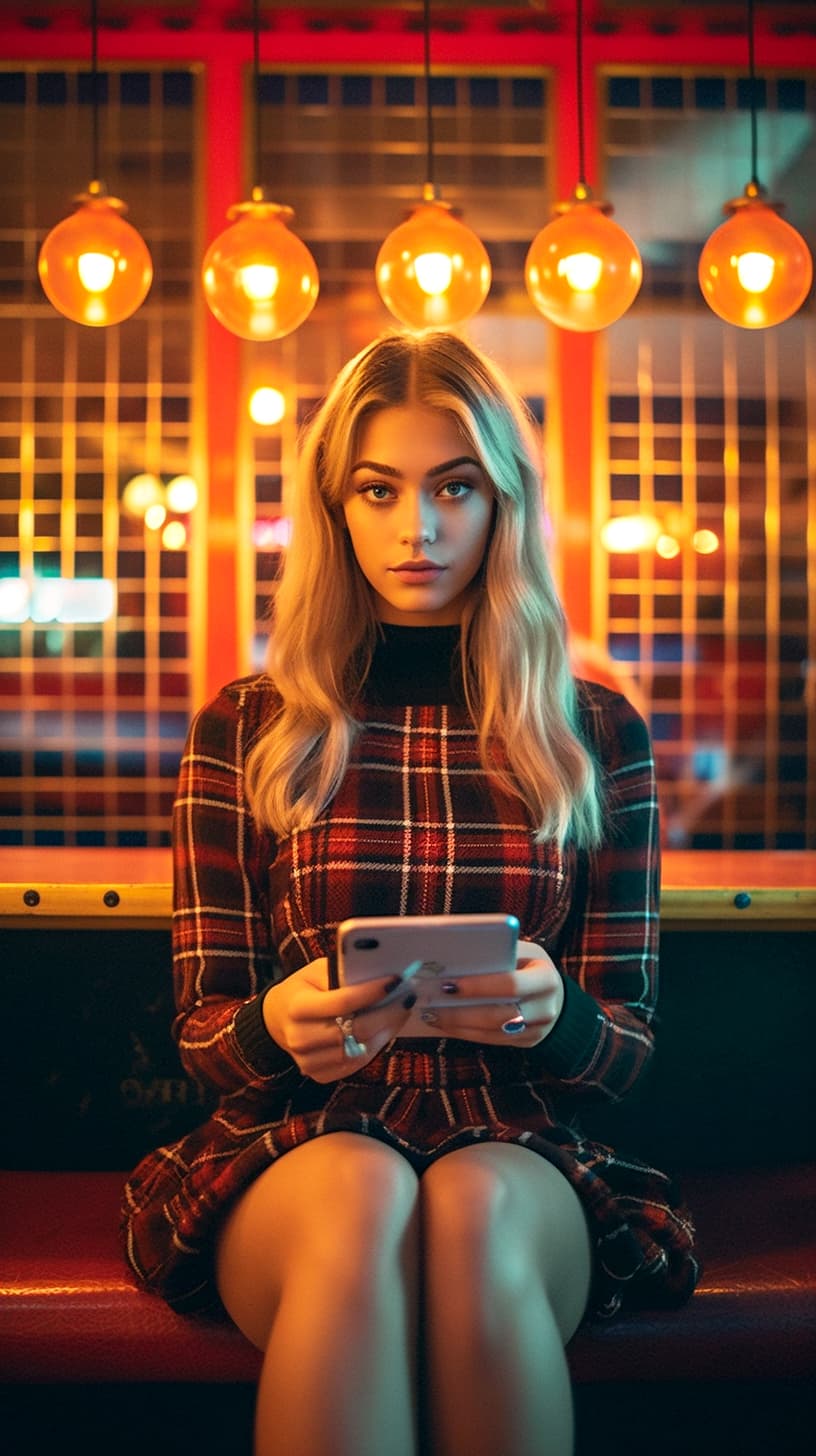 AI generated: Kodak Portra 400, 8k, a pretty lady sitting holding a tablet wearing an elegant plaid dress, outdoor...