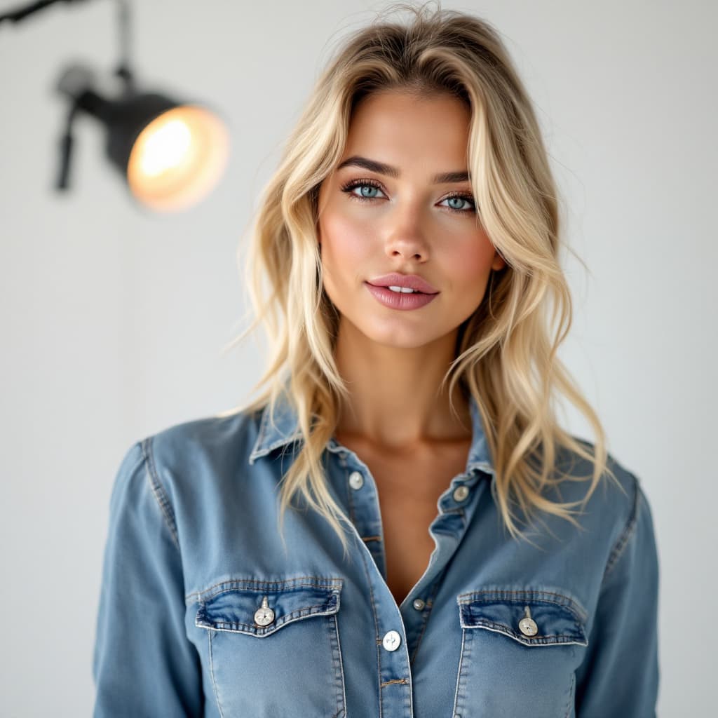 AI generated: Photo shoot, a model poses standing in a studio, advertising shoot, blonde, a little curvy, wears a ...