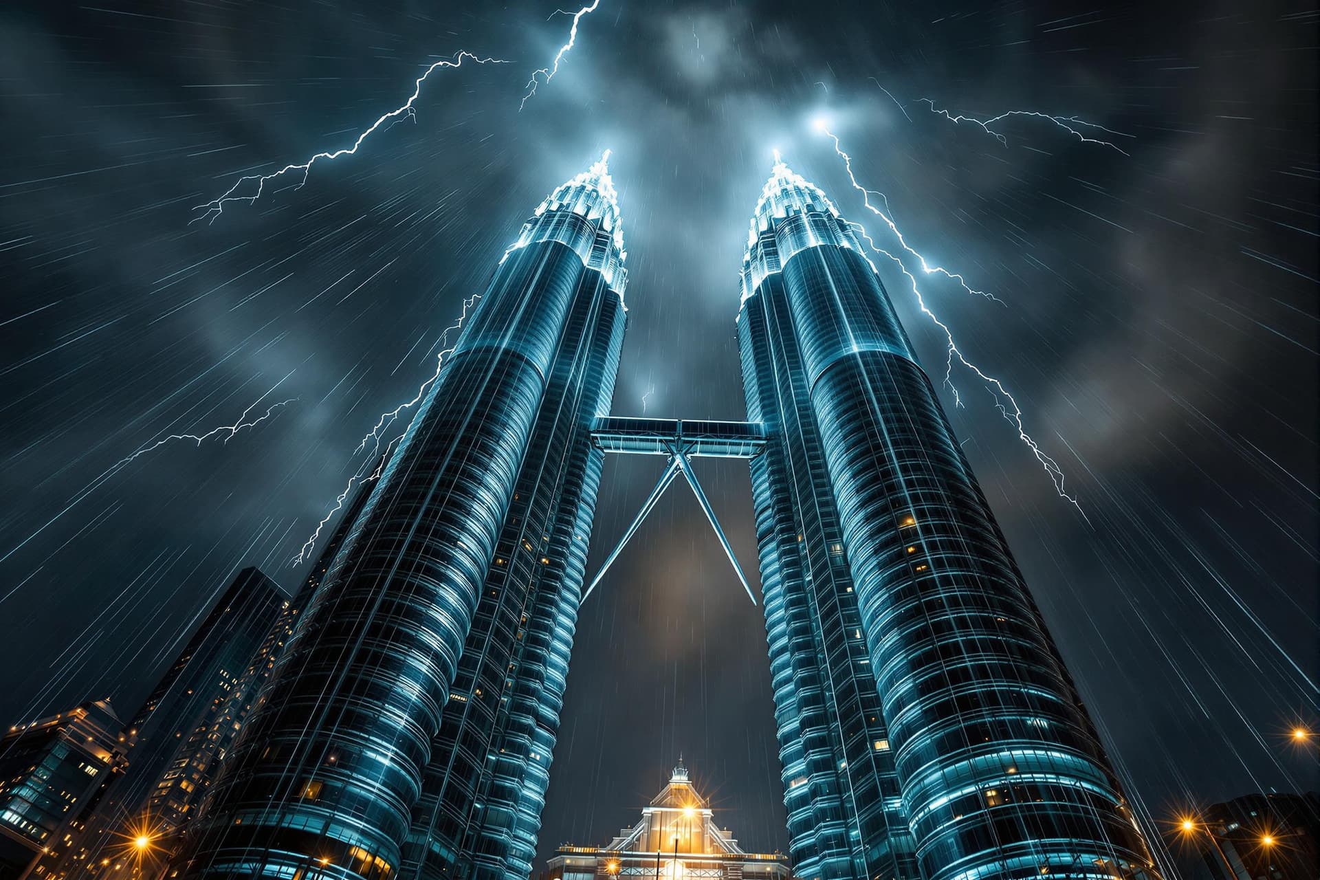 AI generated: A hyperrealistic, cinematic ground-to-top perspective of the Petronas Twin Towers (KLCC) during a vi...