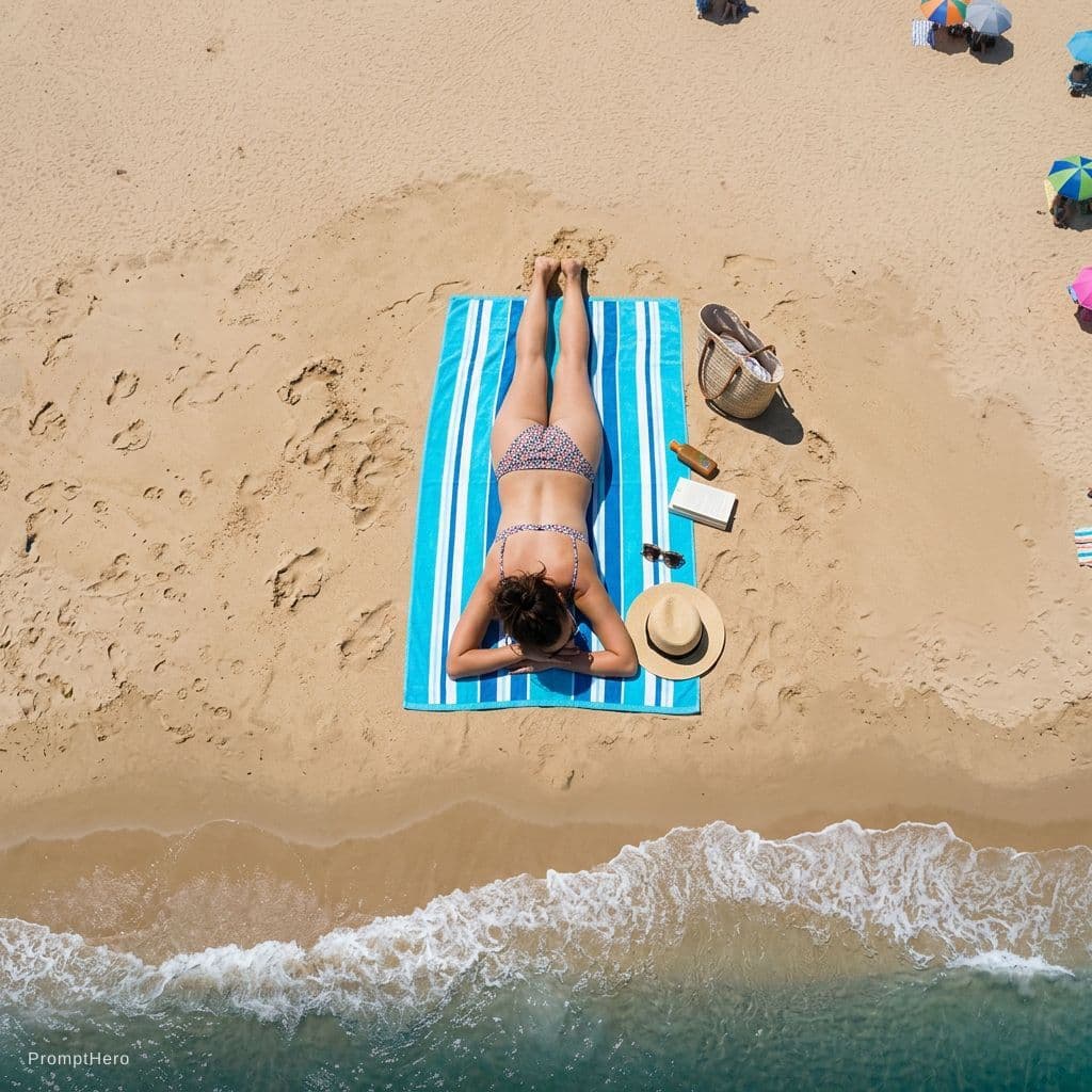 AI generated: beutiful woman in bikini at the beach lying on beely, camera angle from above

