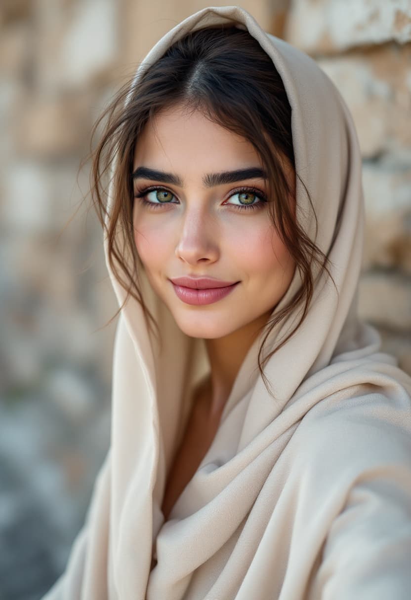 AI generated: Photograph, close-up of the face 20-year-old attractive young Muslim young women,   from iran, open ...