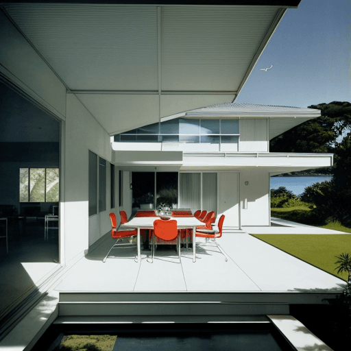 AI generated: Hyper realistic eye level exterior photo of a mid century modern style house overlooking the ocean, ...