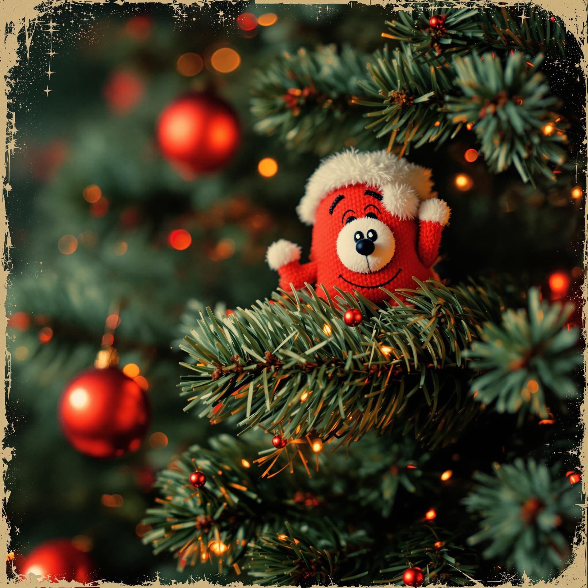 AI generated: in the style of rock album covers, Christmas tree toy close-up, red, vintage-inspired designs, detai...
